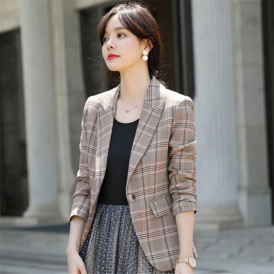 Женский приталенный Блейзер, повседневный клетчатый пиджак в Корейском стиле, Дамские топы от AliExpress RU&CIS NEW