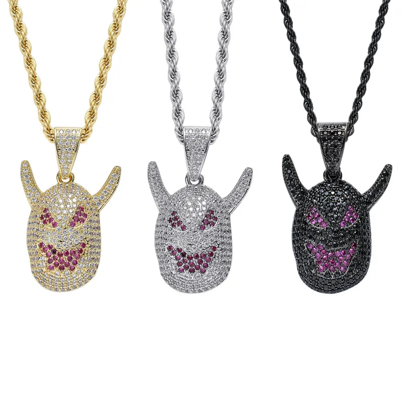 

Full Cubic Zircon Satan Pendant Necklace Hip Hop Rapper Jewelry Bling Bling Ice Out Devil Charm Necklace For Men