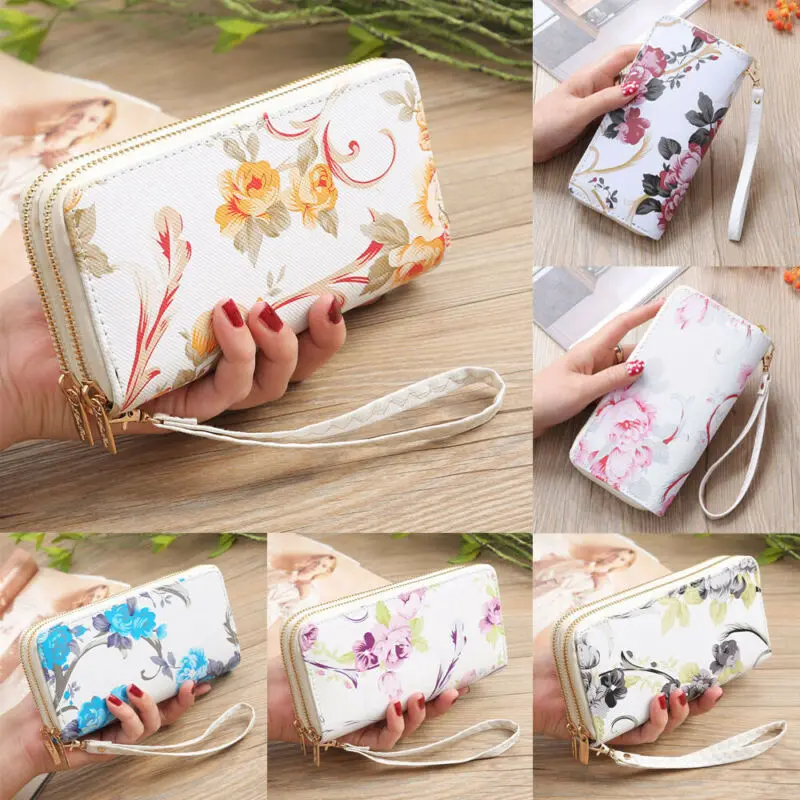 Женский кожаный кошелек с принтом роз элегантный длинный двойной молнией и