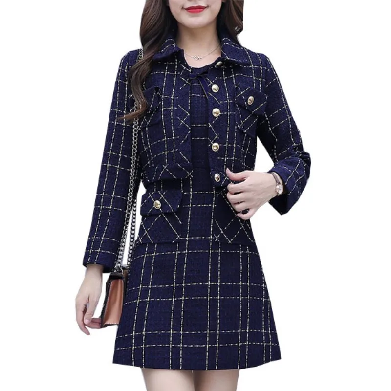 

New Small Fragrance Tweed Suits 2 Piece Set Runway Women Long Sleeve Plaid Jacket Coat + Sleeveless Vest Dress Two Piece Set