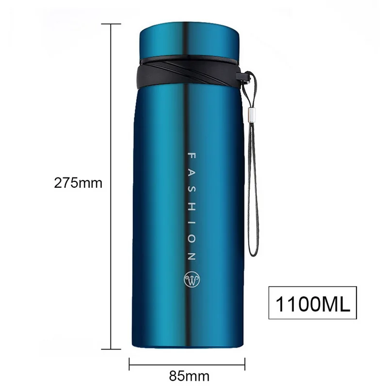 1100ml Blue Большая емкость термос бутылка из нержавеющей стали стакан с герметизацией бутылка для воды портативная вакуумная колба для кофе кружка дорожная чашка - Цвет: 1100ml Blue