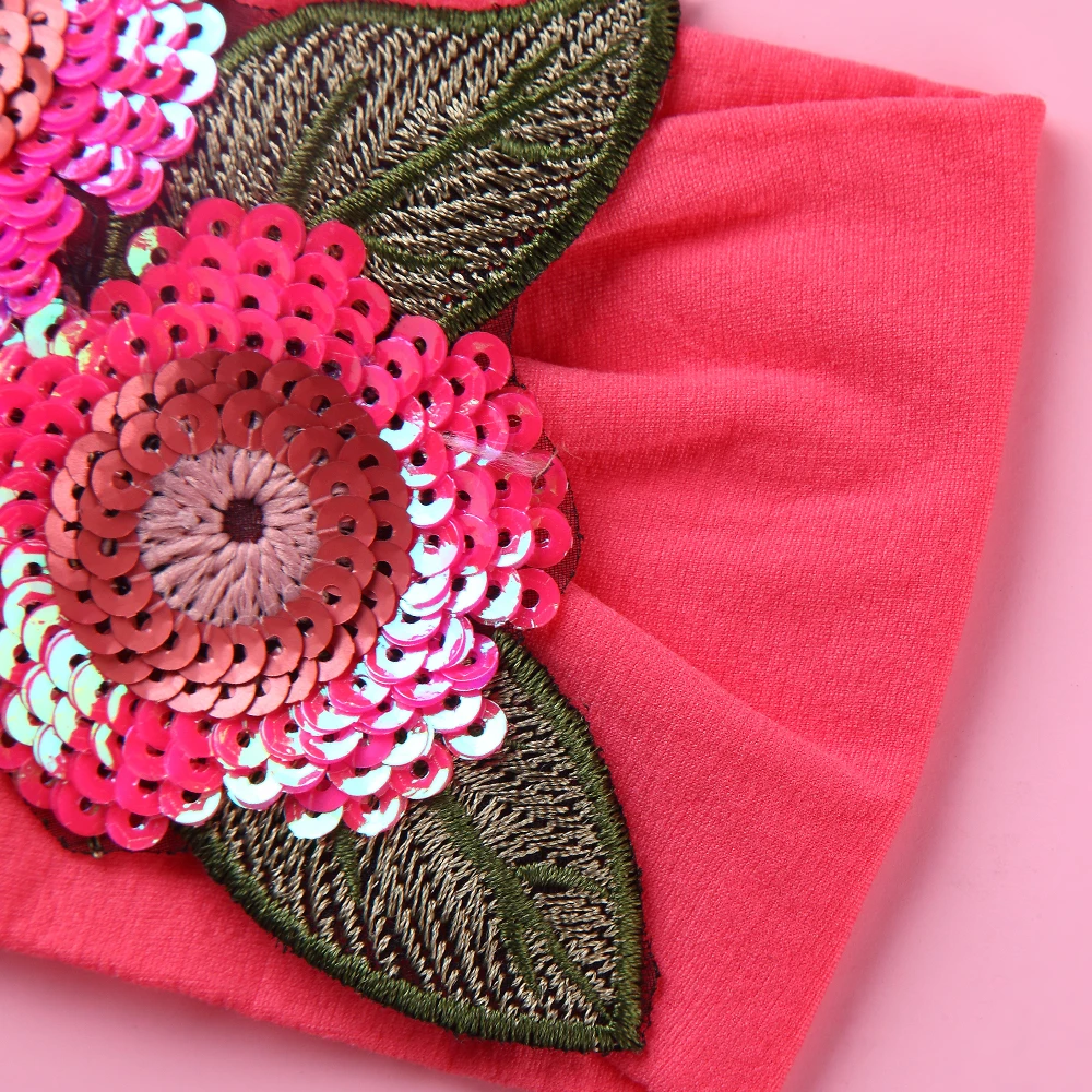 New Sequins Embroidery Flowers Nylon Wide Headbands Girls Turban Head wraps Cute Hair bands Baby Girl Accessories | Детская одежда и
