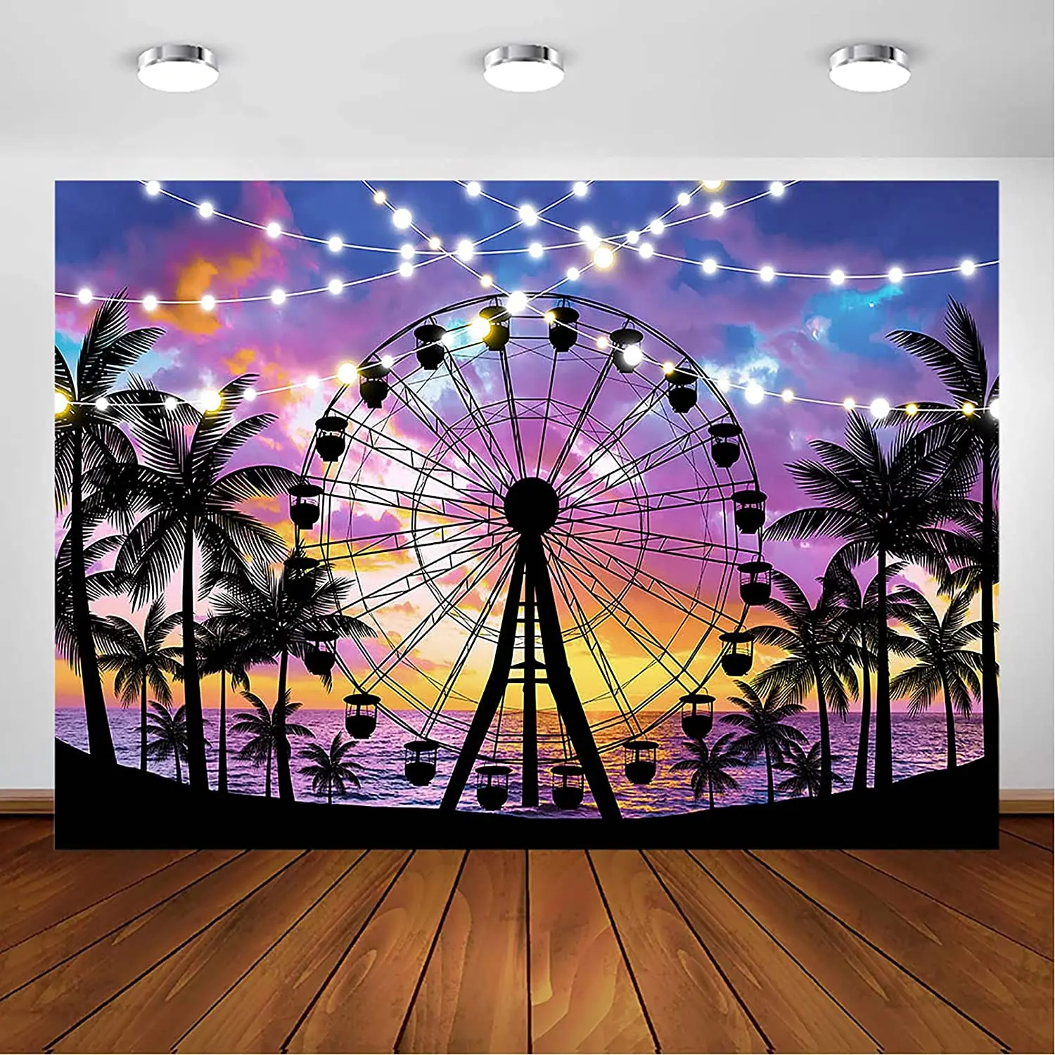 Tropical Seaside Summer Beach Backdrop Summer Sunset Ferris Wheel Tropical Palm Photography Background for Bday Party Decoration