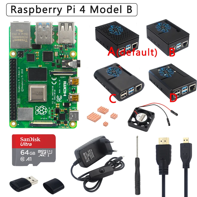 Оригинальный Raspberry Pi 4 Model B Kit + чехол из АБС пластика источник питания SD карта на
