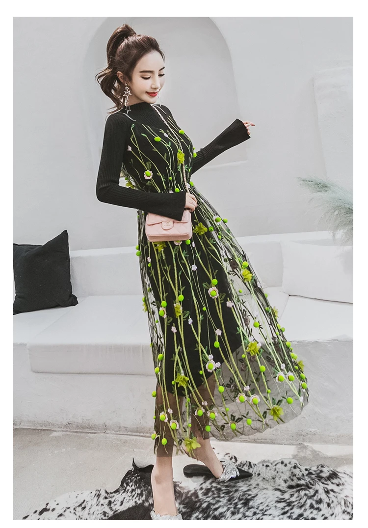 Knitted Dress 2 Piece Set Autumn New Solid Black Sweater Dress and Hairball Appliques Floral embroidery Mesh Sling Dress Sets
