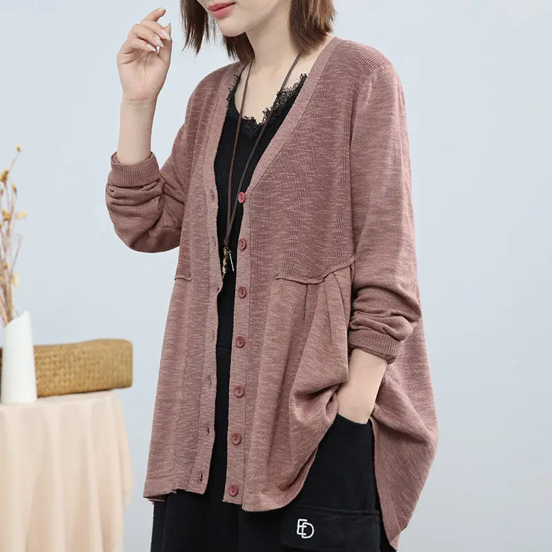 

2022 New Spring Autumn Cotton Linen Knit Cardigan Women's Stitching Coat Loose Female Thin Style Sweater Jacket aq068