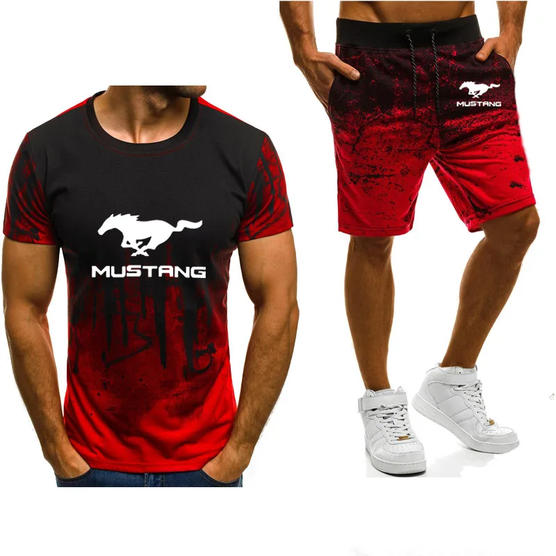 

Men's short sleeve Mustang Car Logo print casual Gradient High Quality Cotton Men's T-Shirt+Pants Suit 2Pcs