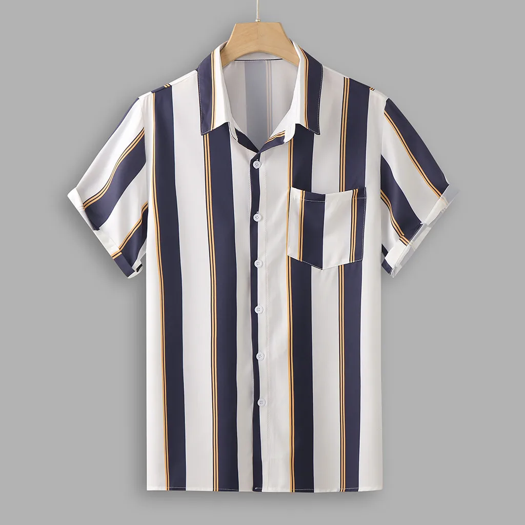 

Men Striped Print Button Shirts Casual Loose Short Sleeve Turn-down Collar Top Summer Fashion Slim Fit Hawaiian Shirt Camisas