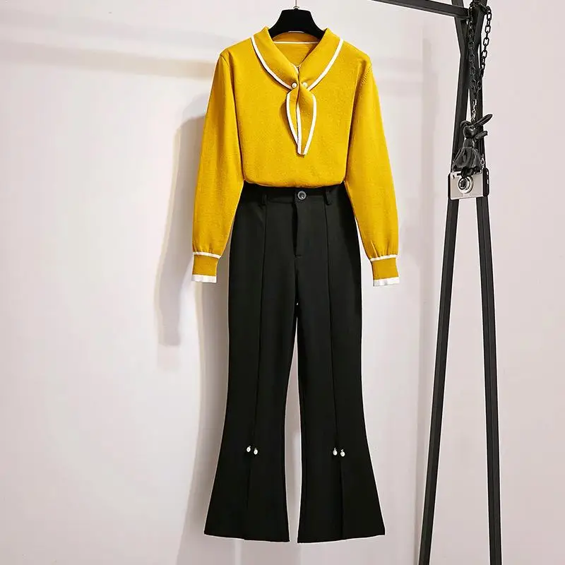 

ICHOIX 2 Piece pants set elegant black long trouser office ladies suits knitted tops winter outfits Korean women 2 piece set