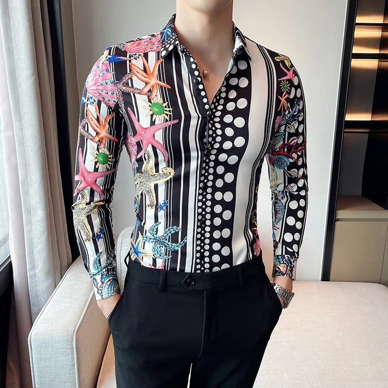 

Fun Print Men Shirts Polka Dot Striped Casual Shirt Autumn Long Sleeve Slim Business Formal Dress Tops Social Streetwear Tuxedo