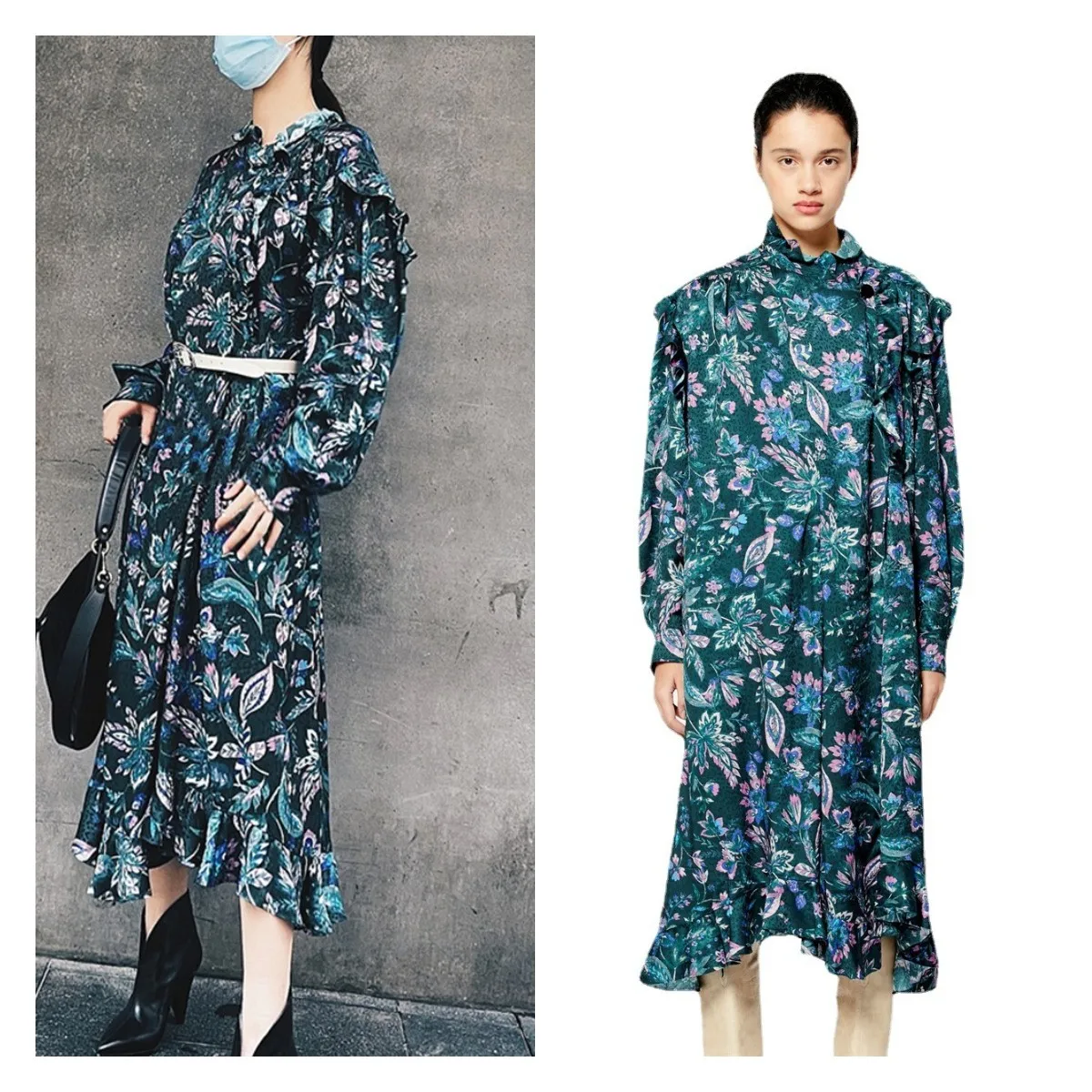 

Женское платье с отложным воротником, Классическая Свободная юбка с длинным рукавом и цветочным принтом, осень с асимметричным подолом с об...