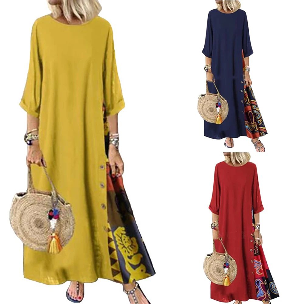 

Bohemain Women Color Block Dress 3/4 Sleeve Maxi Dress Casual Loose Crew Neck For Spring/Autumn Shopping Beach