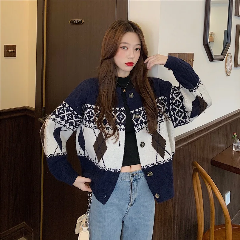 Женский однобортный жаккардовый кардиган Свободный вязаный в клетку с круглым