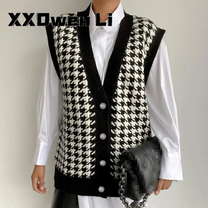 

Wool Vest Cardigans Woman Autumn Winter Houndstooth 2021 Casual Black Sleeveless Sweater Women Loose Knitted Fashion Jumper Vest