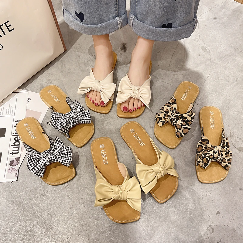 

Lucyever Summer Soft Flat Bow Slippers Women Open Toe Comfort Slip on Beach Flip Flops Woman Fashion Non-slip Med Heel Slides