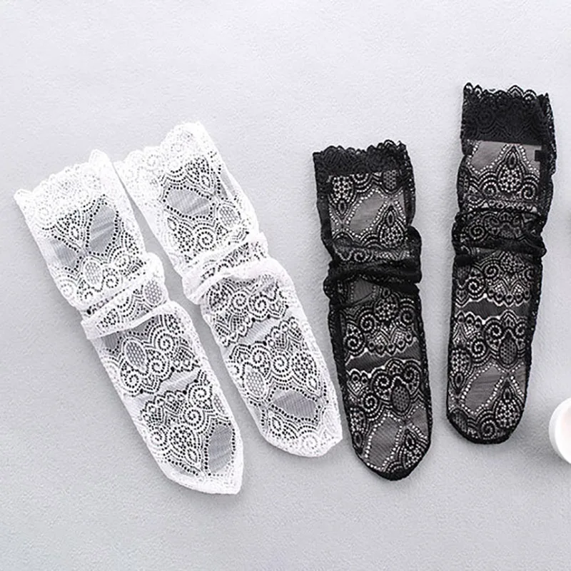 

Black White Hollow Out Mesh Socks Women Breathable Lace Flower Lolita Long Sock Retro JK Cosplay Transparent Princess Soxs 2021