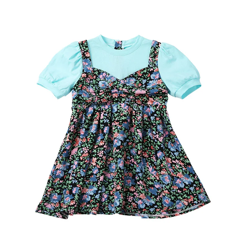 

Parent-child wear mother and daughter fake two-piece floral summer 2021 new girl loose dress western style short-sleeved T-shirt