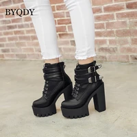 byqdy square heels women platform boots black buckle strap zipper creeper shoes gothic punk motorcycle boots plus size 42