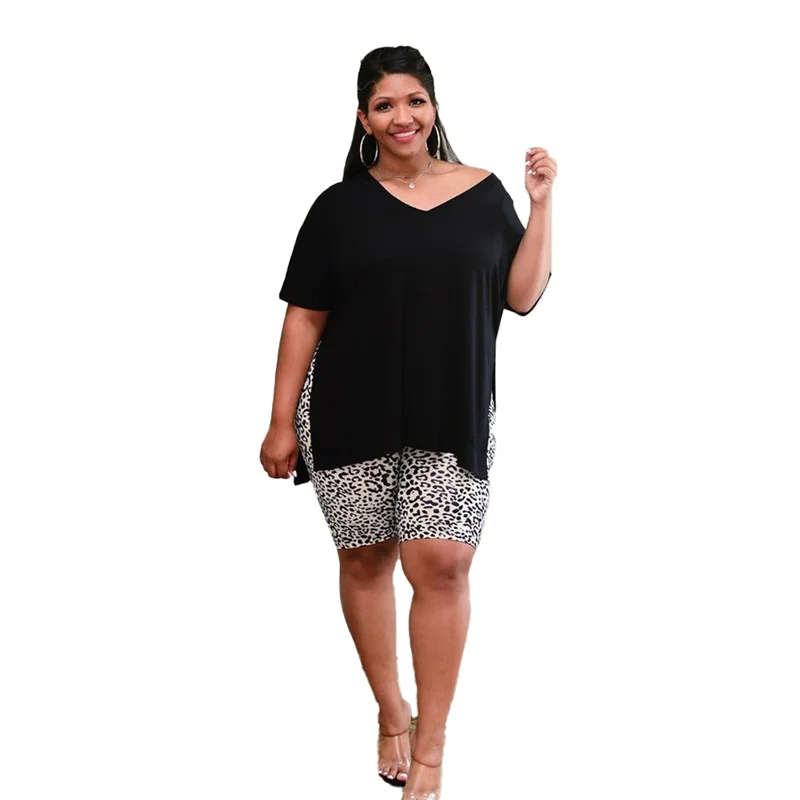 

Plus Size 2 Piece Set Women Tracksuit Pure Color Short Sleeve Split Pullover Top Leopard Print Pants Suit Summer Casual Clothing