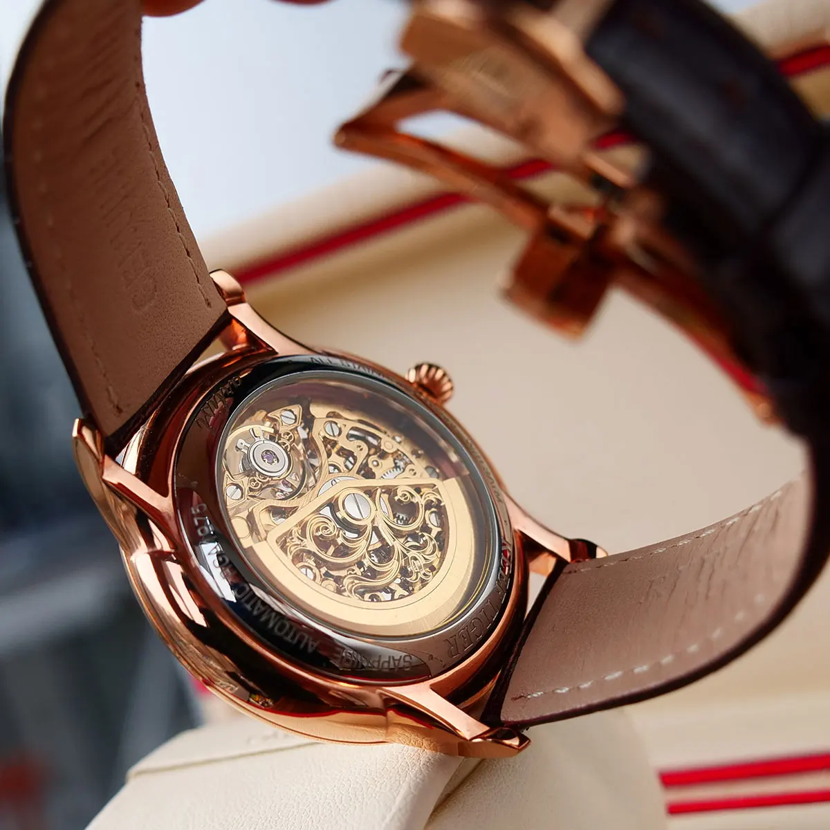 Риф Тигр/RT Скелет автоматические часы из розового золота коричневый кожаный