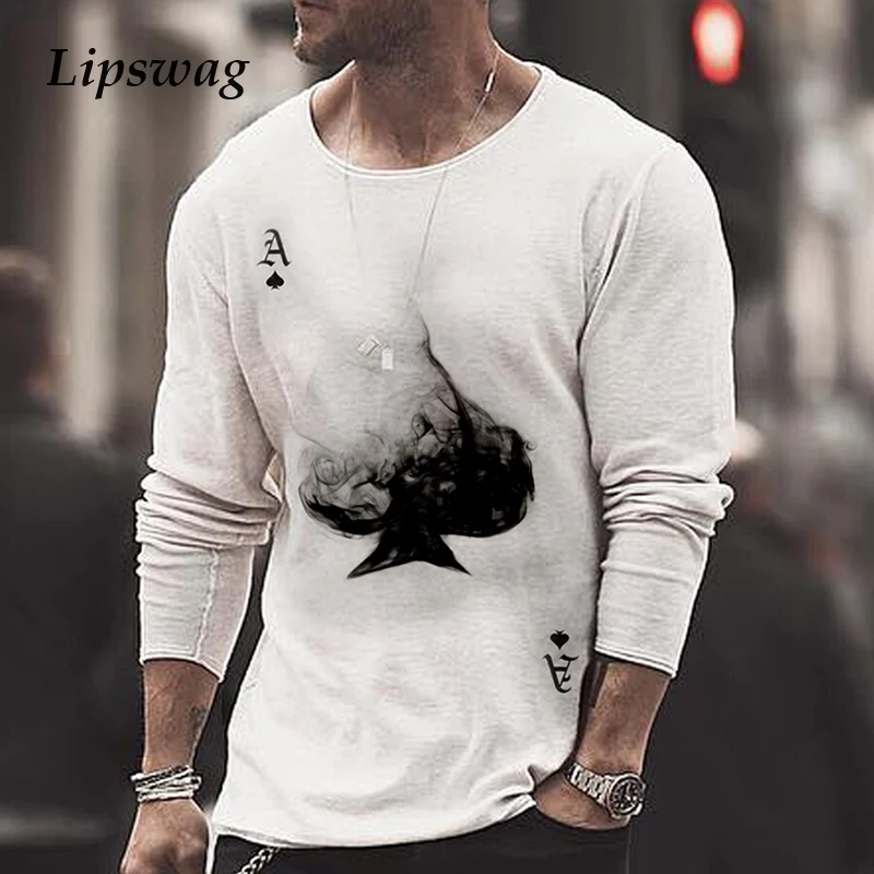 Модные мужские футболки с принтом покера 2021 весенний пуловер длинным рукавом и