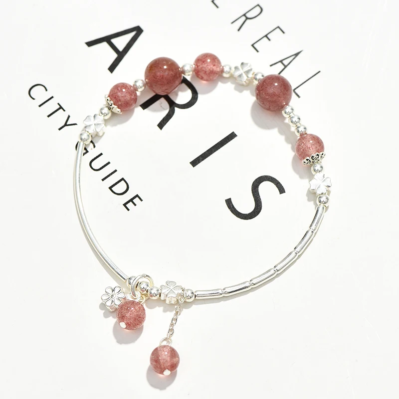 

s925 браслет из стерлингового серебра женский натуральный клубника кристалл лунный камень переводные бусины кристалл подруги браслет.