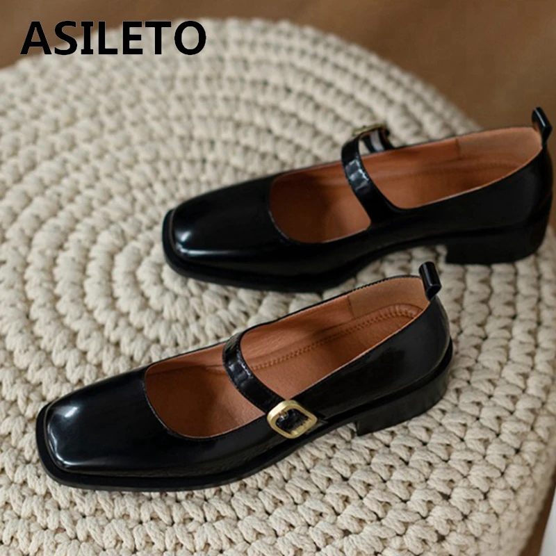 

ASILETO 2021 Retro Concise Pumps Leather Round Toe Mary Janes Buckle Strap Shallow 3.5cm Chunky Heel Shoes US8 9 Black A4272