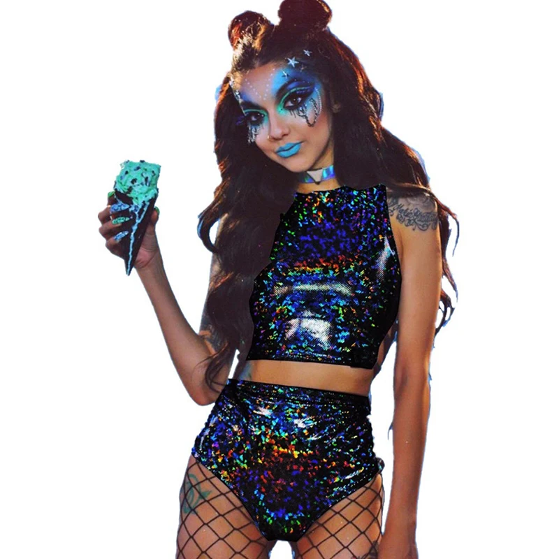 

Women Crop Top + Hot Shorts Outfits Summer 2 Piece Sets Sexy Lace Up Festival Party Rave Clothing Two Piece Set