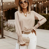 v neck long sleeve solid color womens loose simple tops and blouses office ladies elegant temperament commute casual blouse