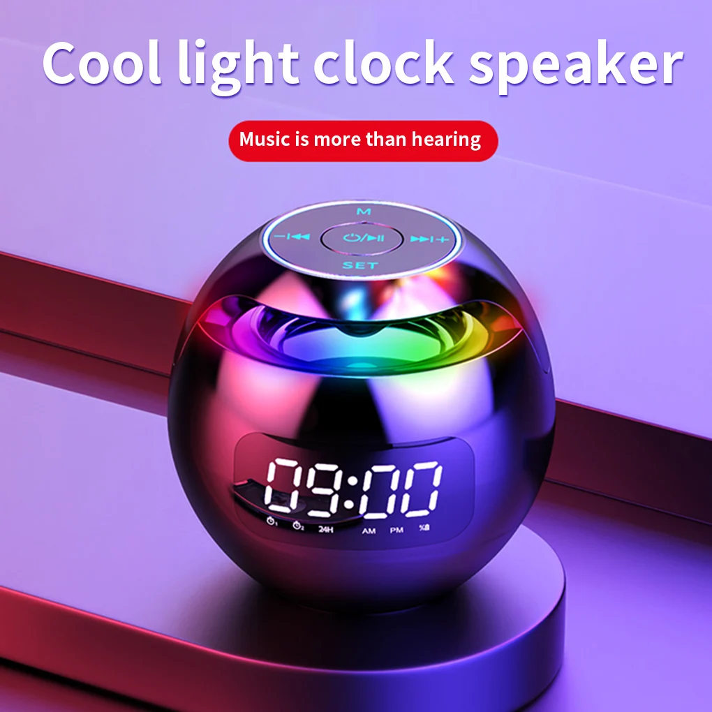 New HOT COOL Bluetooth 5.0 Light Speaker with Digital Alarm Clock Music Player Wireless Ball Shape Clock Speaker
