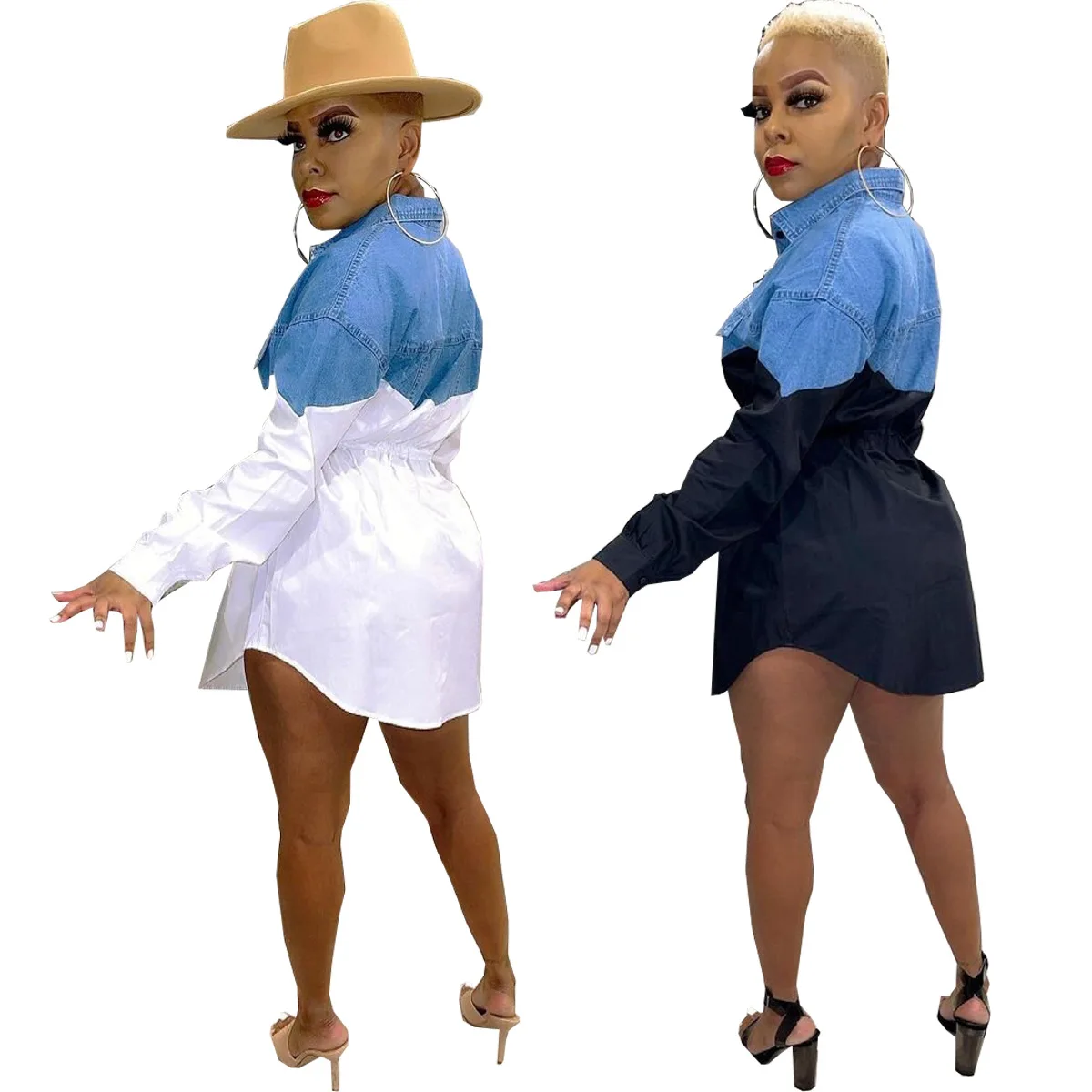 

Color Block Denim Patchwork Women Blouse and Shirt Dress Summer Clothing Turn Down Collar Long Sleeve Buttons Up Short Vestidos
