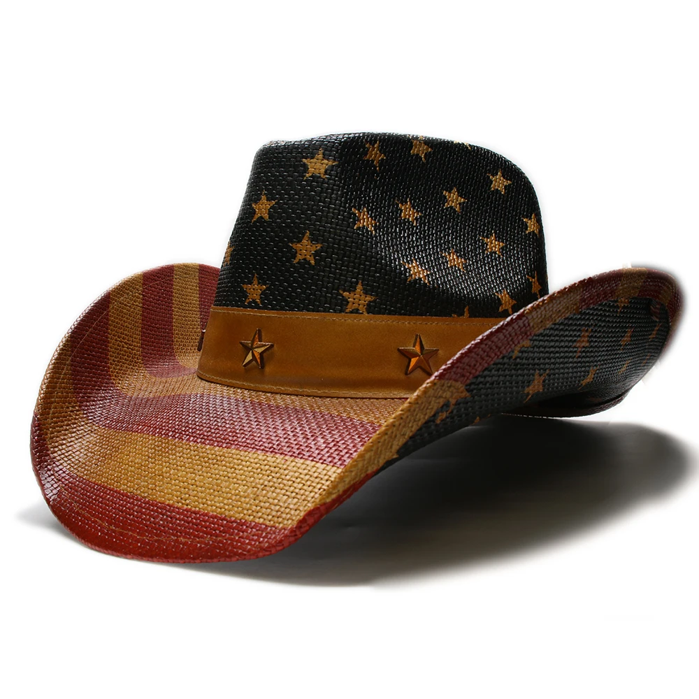 A181 yetişkin güneş şapkaları amerika ulusal bayrak bağımsızlık günü kapaklar çizgili batı kovboy güneş şapkaları boya püskürtme sert saman ayarlamak