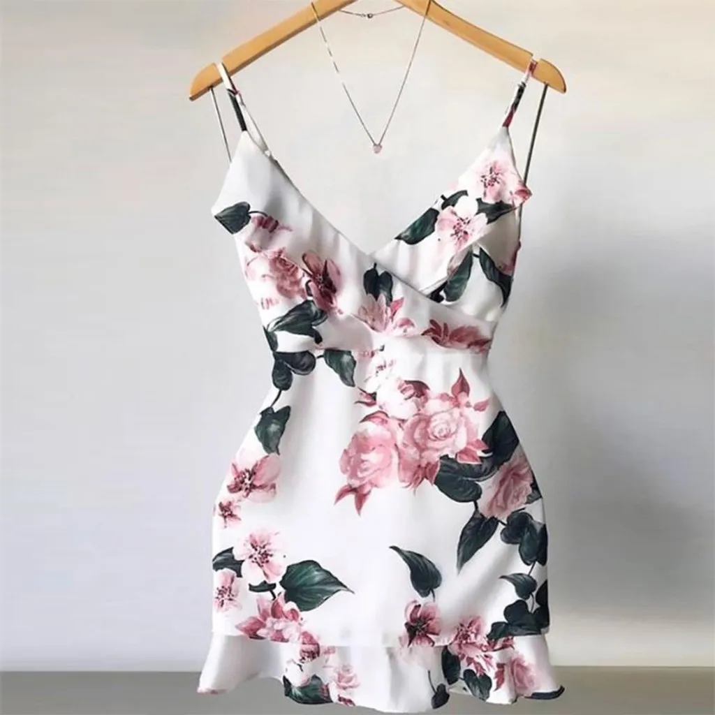 

Casual Spaghetti Strap Deep V Neck Mini Dresses Women Summer Party Bodycon Floral Printed Elastic Slim Lady High Waist Dress