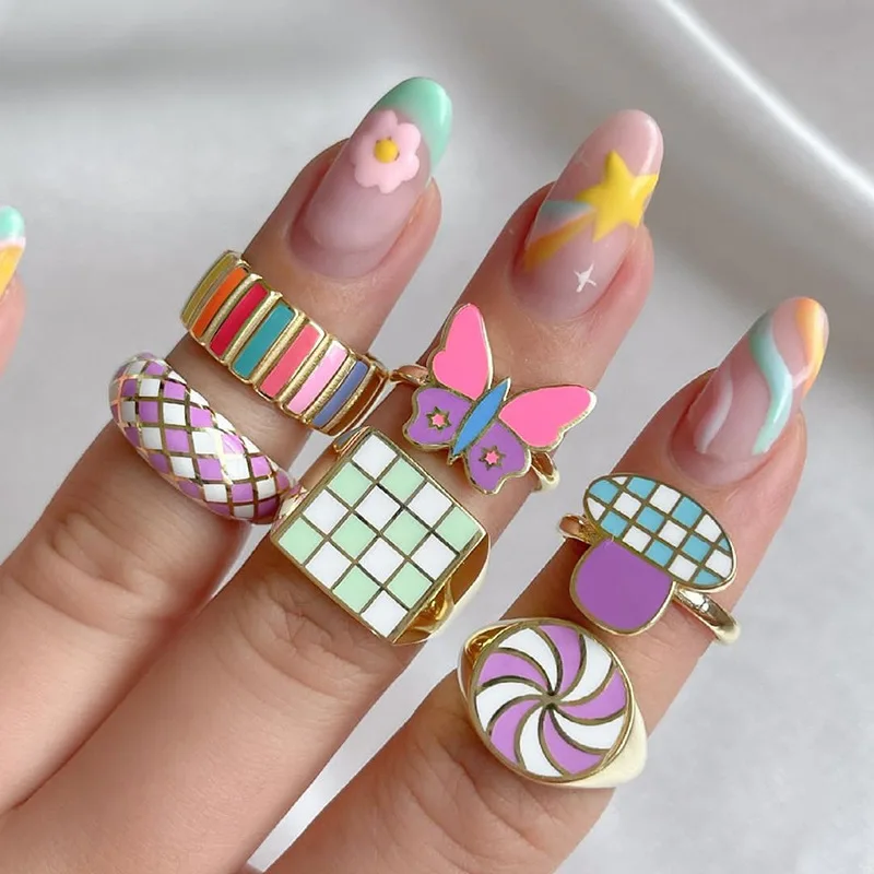 

2021 Fashion Ins Style Metal Silver Color Women Rings Trendy Butterfly Lattice Mosaic Alien Girl Party Geometric Ring Jewelry