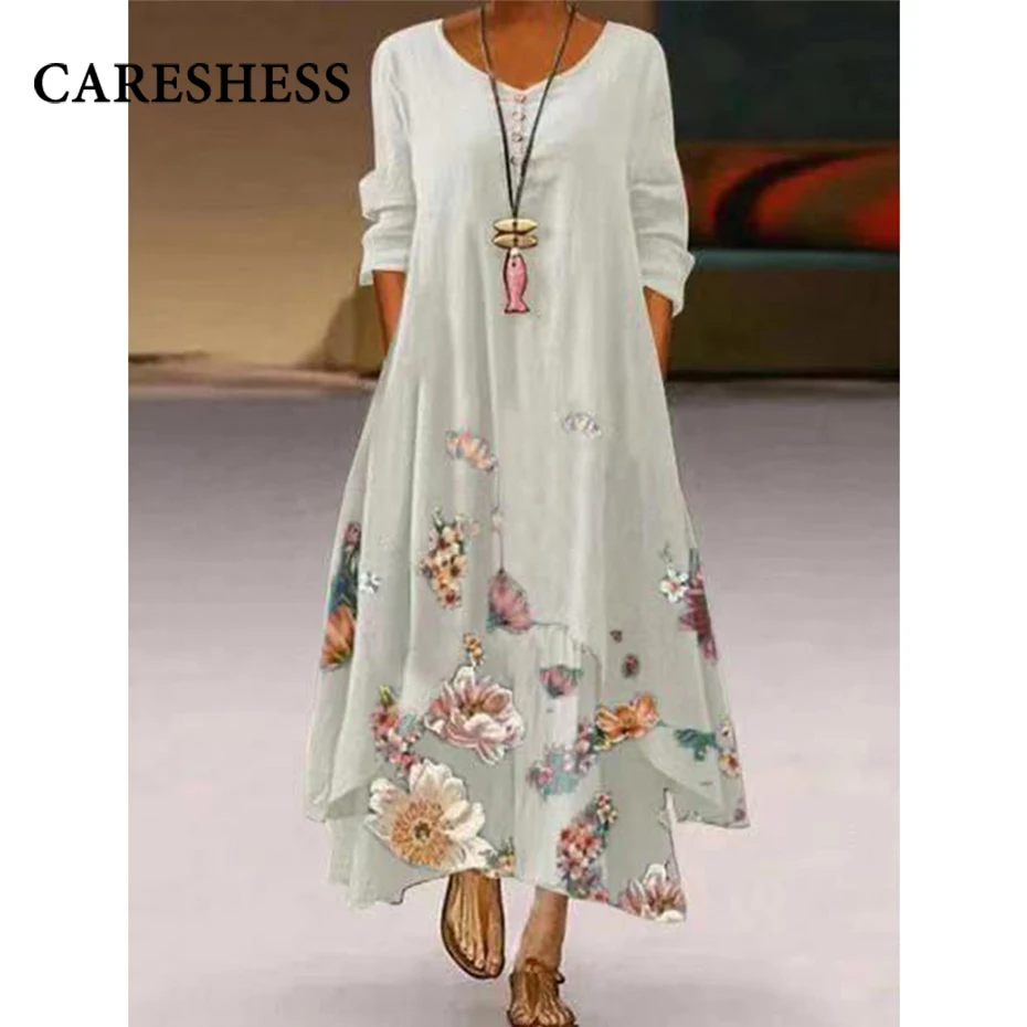 

CARESHESS Fashion Women Long Sleeve Dress Beach Leisure Time On Vacation Long Sleeves Bohemian Dress Collar Loose Party Dresses