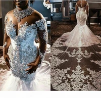 lace mermaid wedding dresses 2019 tulle lace applique beaded crystals long sleeves wedding bridal gowns with detachable train