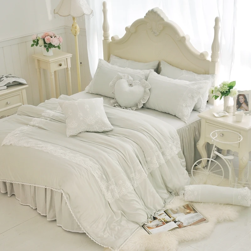 

Tencel silk cotton summer bed sheet set lace full queen king size girls bedding set 4/7pcs duvet cover bed skirt set pillowcase