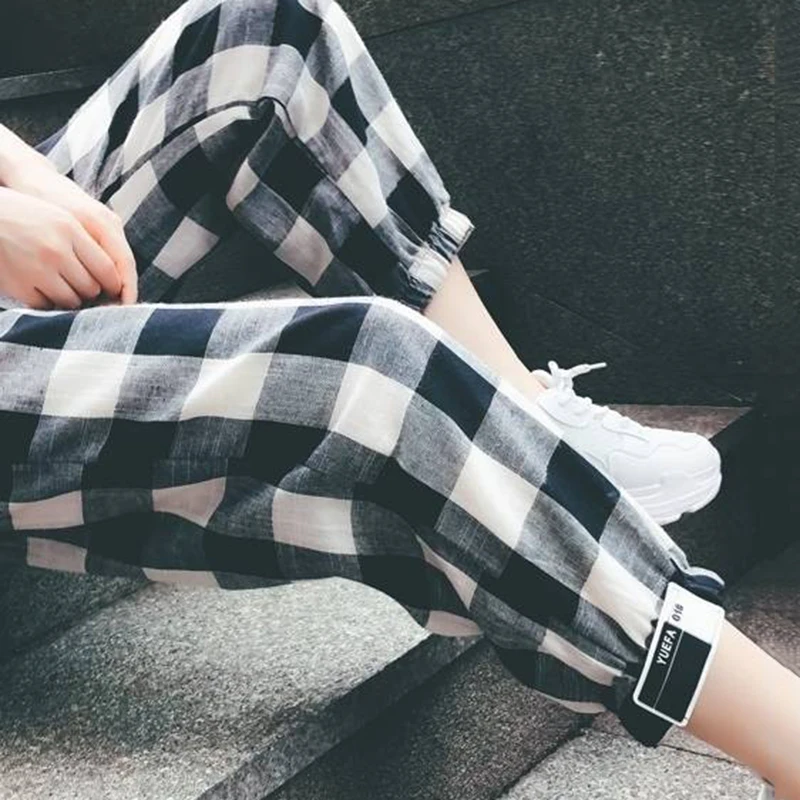 Женские повседневные брюки 2020 летние корейские стильные клетчатые