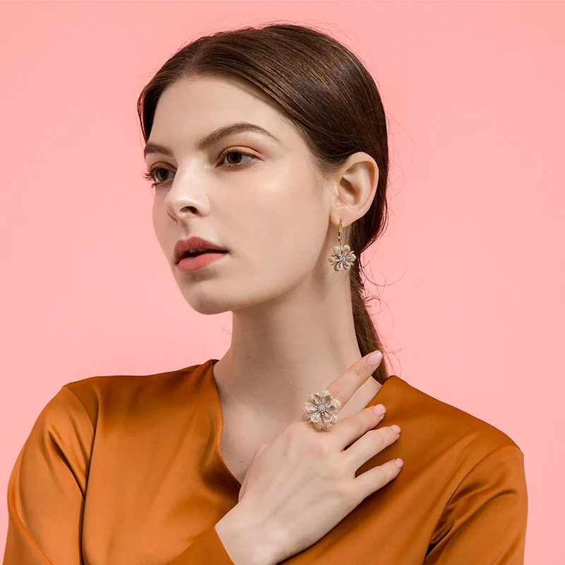 

Madrry Gorgeous Pretty Flowers Jewelry Sets Earrings&Rings Zircon Prong Setting Brincos Orecchini Bridal Wedding Party Joias