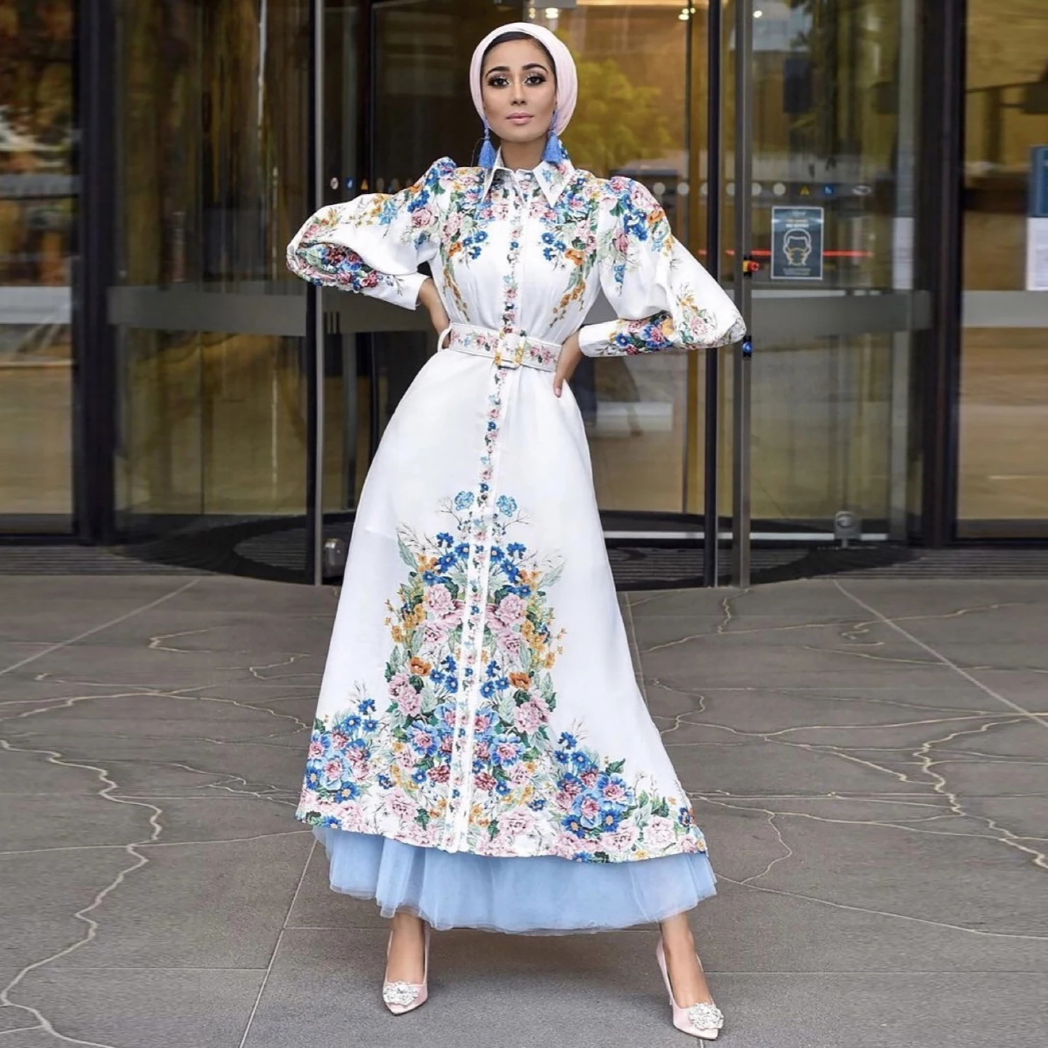 Женское мусульманское платье-хиджаб, с цветочным принтом, F2710