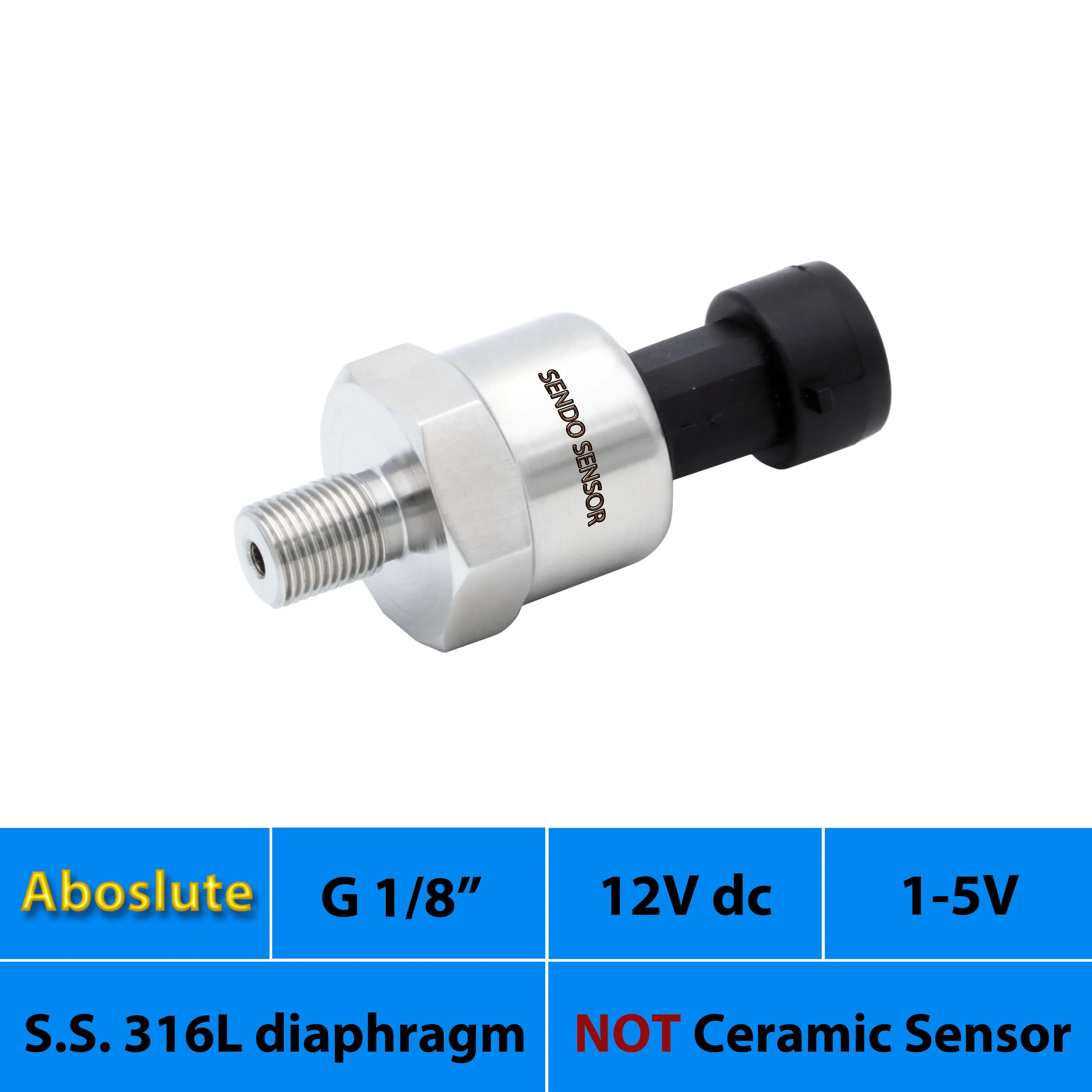 

1 5V, absolute pressure sensors, AISI 316L diaphragm, packard, G1 8, 50psi abs, 30, 75 psi, 10bar, 6bar, 4bar, 12V, 24V DC