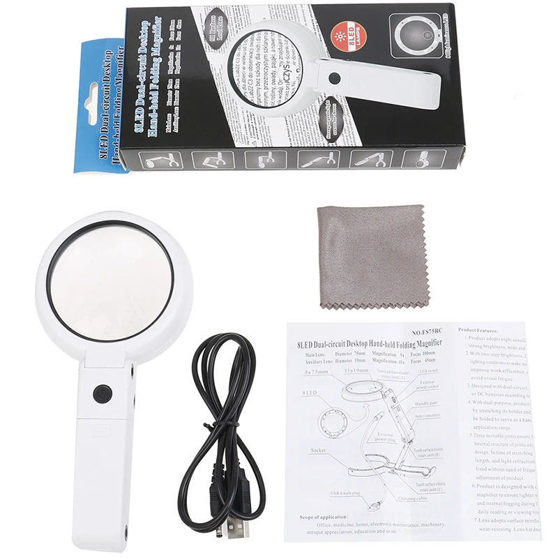 

5X 11X Magnifying Handheld Portable Foldable Table Lamp Illuminated Magnifier Loupe Magnifier Screen Table 8 LED Reading Lights