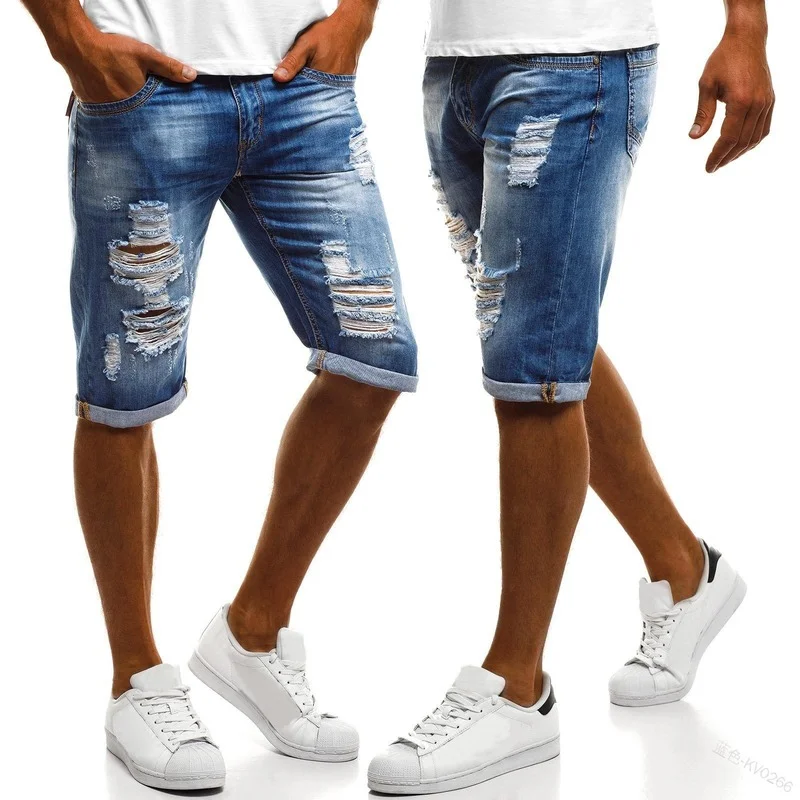 

Mandylandy New Summer Hole Men's Denim Shorts Five Points Ripped Washed Pants Retro Patch Trend Casual Pants