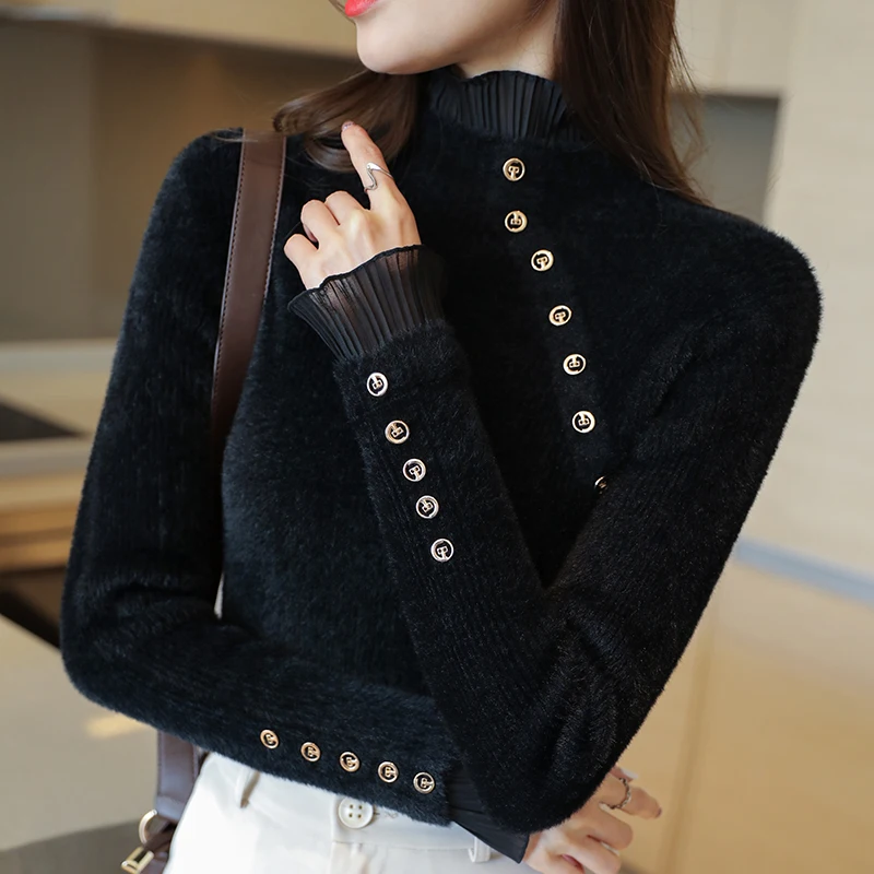 

Весенне-осенние свитера, Женский утепленный пуловер средней длины с воротником, вязаная Базовая рубашка черного цвета
