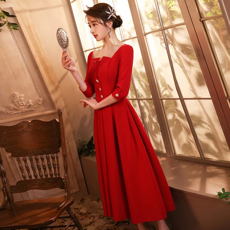 

New 2021 Simple Medium and long Lace Up Bridesmaid Dress Red Wedding Party Dress Graduation Quinceanera Dress Vestidos De Noiva