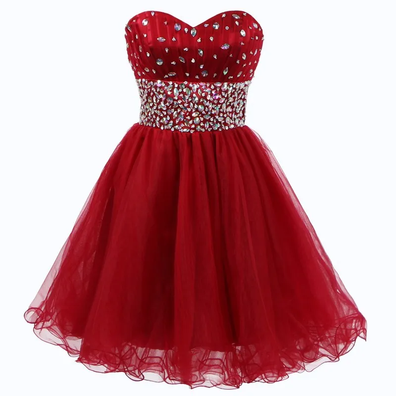 

Tulle A Line Strapless Sweetheart Beading Crystals Knee Length Bridesmaid Dresses Wedding Party Robe De Soiree Lace Up