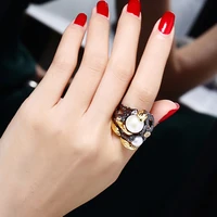 vintage black ring with natural water pearl and aaa clear cubic zirconia crystal fashion jewelry women leaf rings for party
