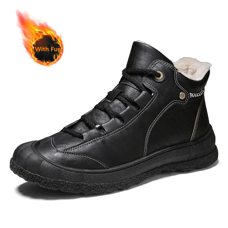 

Новые мужские зимние кожаные повседневные ботинки с высоким верхом, уличные резиновые подошвы, Нескользящие, с мехом, теплые стеганые сапог...