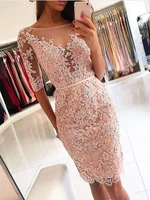 sheath half sleeve prom dresses beaded appliques lace party gowns knee length special occasion gown gala jurken