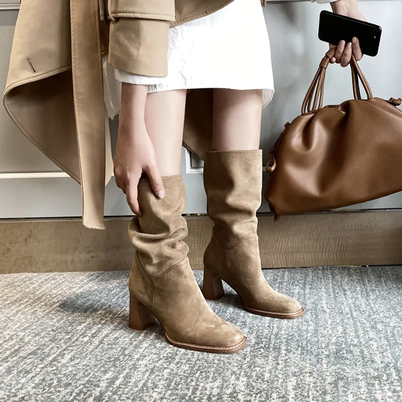 

2021 new Suede Women Mid Calf Boots Female Winter Gothic Retro Style Riding Boots Western cowgirls boots Female Botas mujer